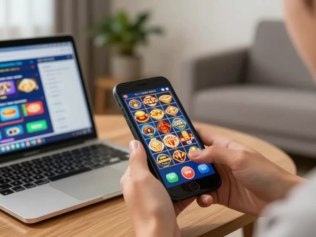 Engaging player spinning slot thailand game on smartphone in a cozy living room.