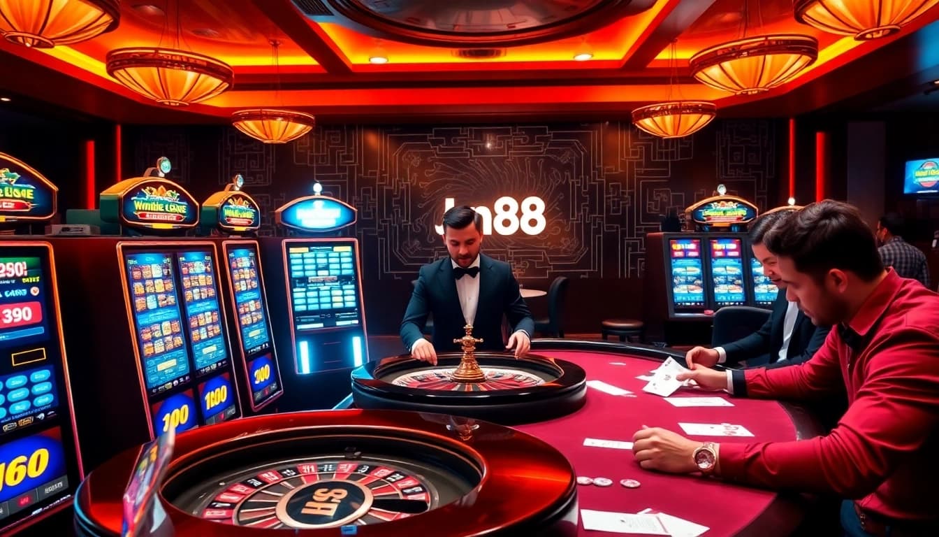 Experience the thrill of online gambling at https://jun88.buzz/ with vibrant casino machines and intense poker games.