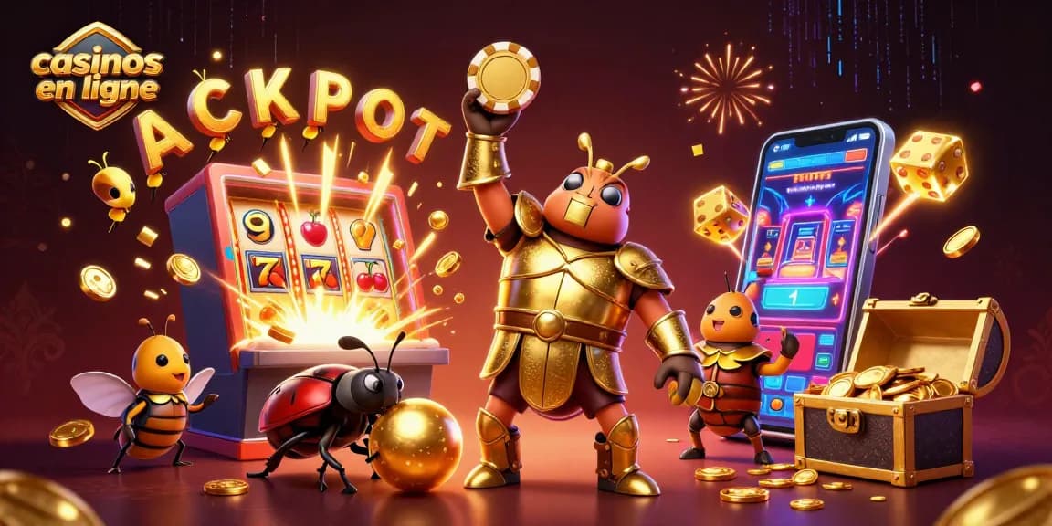 Illustration captivante de casinos en ligne, mettant en scène un scarabée en armure et un jackpot éclatant.