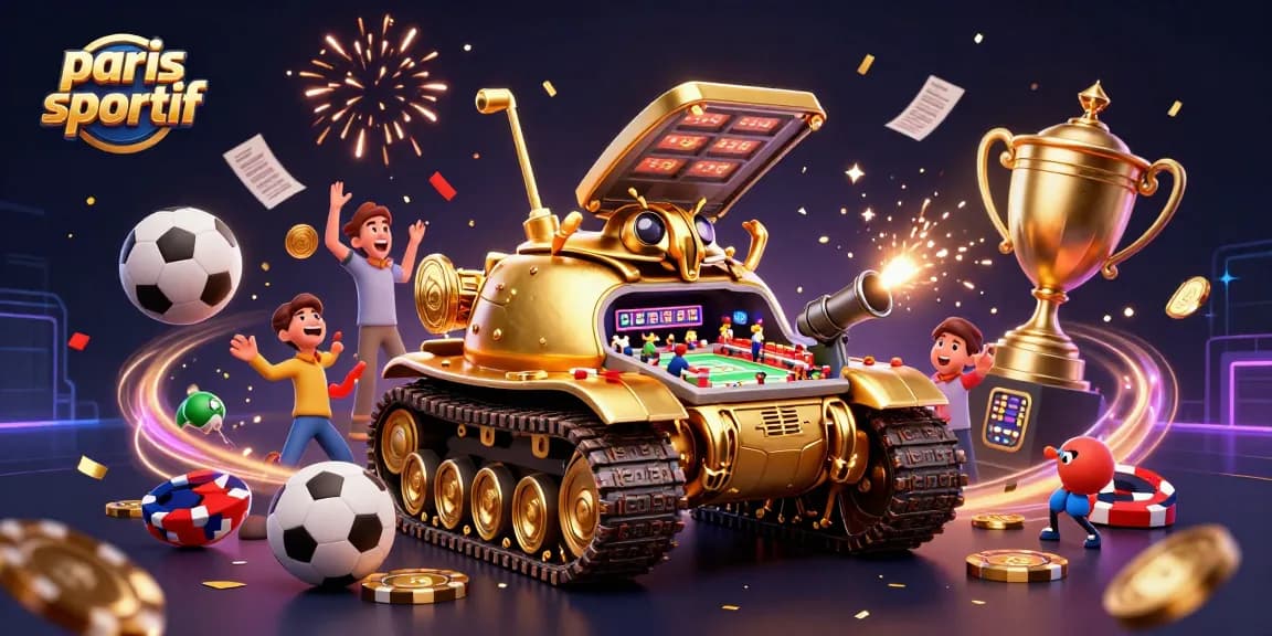 Événements de paris sportifs avec un tank à scarabée doré dans un décor dynamique et festif.