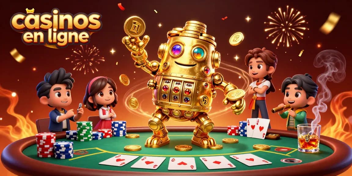 Admirez les casinos en ligne avec un golem d'or et des éléments de poker éclatants.