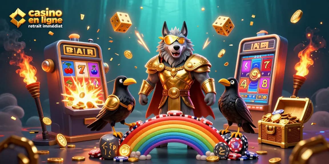 Jeux rapides au casino en ligne retrait immédiat avec un loup d'Odin, des machines à sous et une ambiance lumineuse.