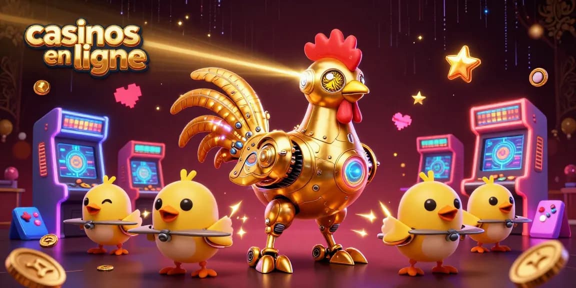 Illustration de robots dans un casino en ligne vibrant avec des éléments de jeu colorés et des drones.