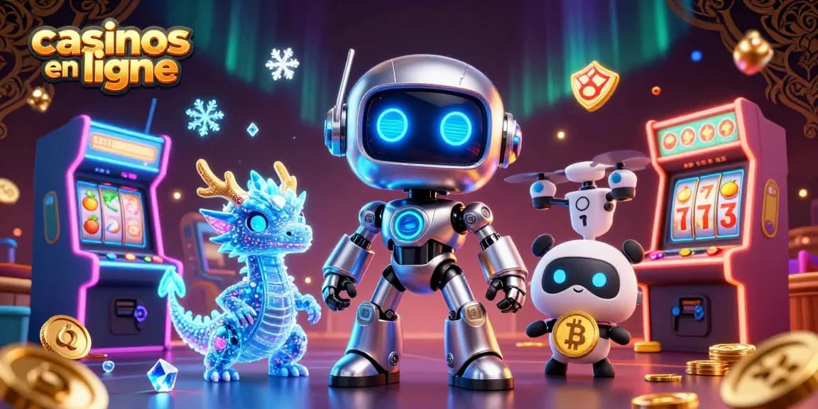 Engagez-vous dans les meilleurs casinos en ligne avec cette illustration dynamique de robot cyberpunk.