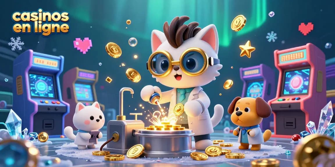 Jouer dans des casinos en ligne avec un chat scientifique et un chien assistant entourés de machines à jeux colorées.