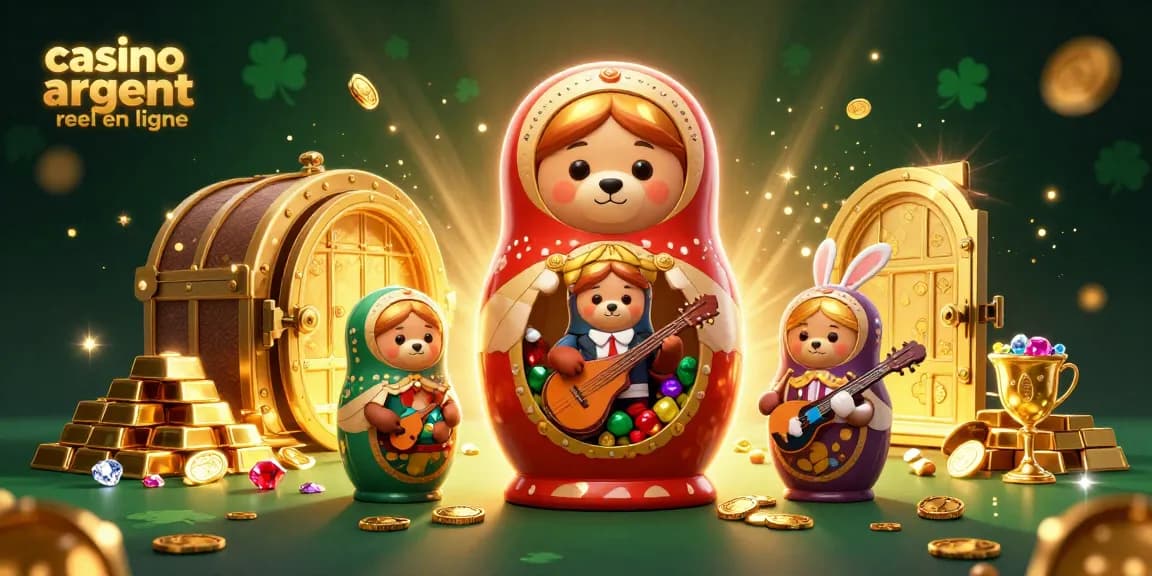 Illustration immersive du casino argent réel en ligne avec un ours et des personnages de casino dans une scène festive.