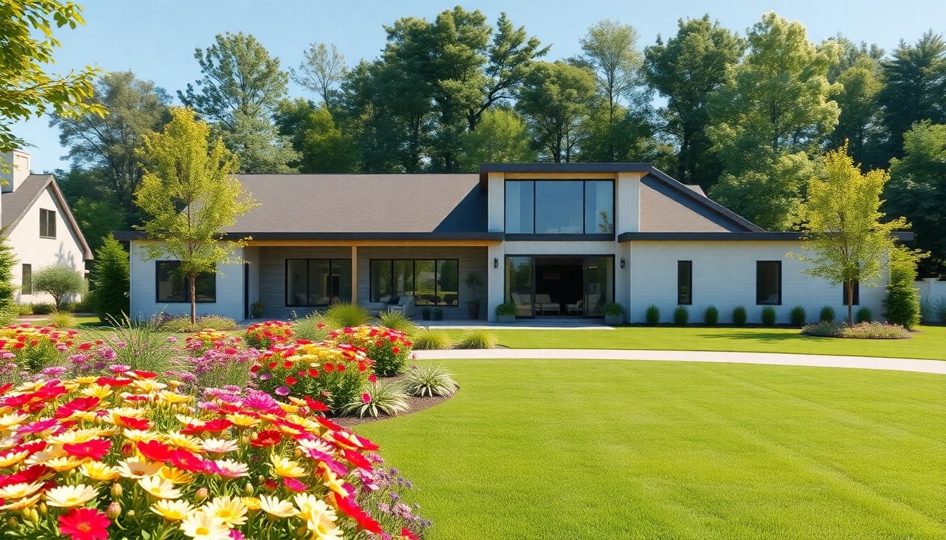 Showcasing a vibrant garden alongside modern Massachusetts residential architecture featuring large glass windows.