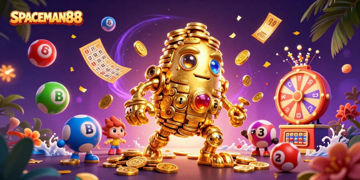 SPACEMAN88 brings excitement with a golden golem and vibrant lottery elements in a captivating casino scene.
