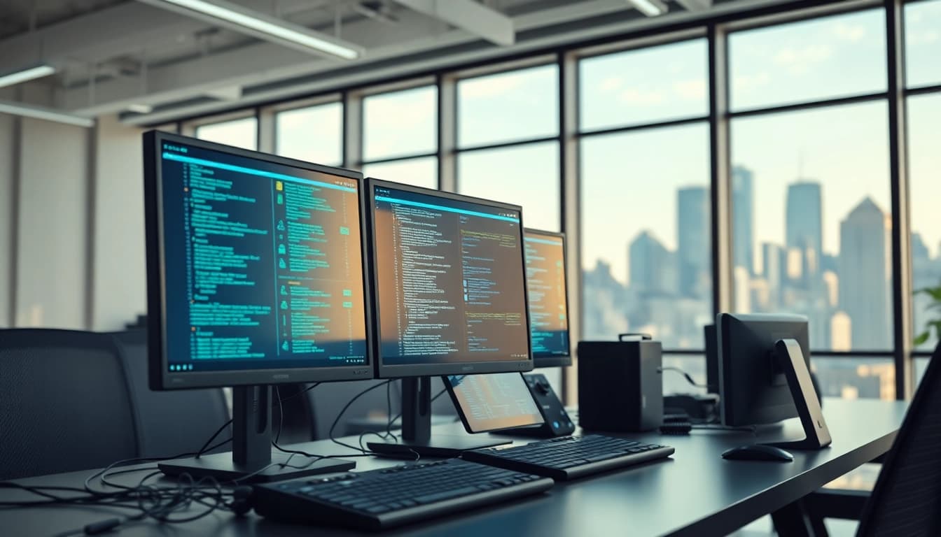 Technology workspace with sleek gadgets and multiple monitors demonstrating innovation and digital connectivity.