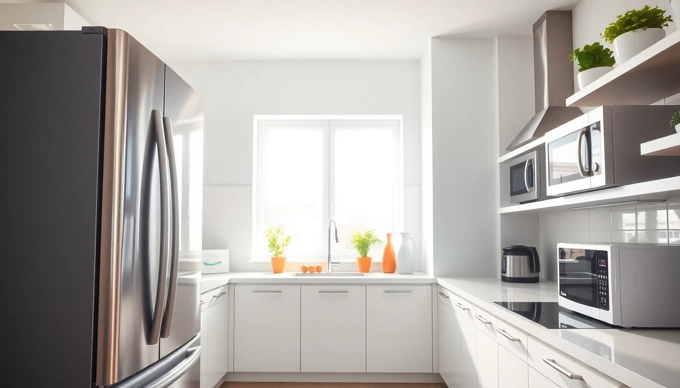 Showcasing home appliances in a vibrant kitchen with modern design and natural light.