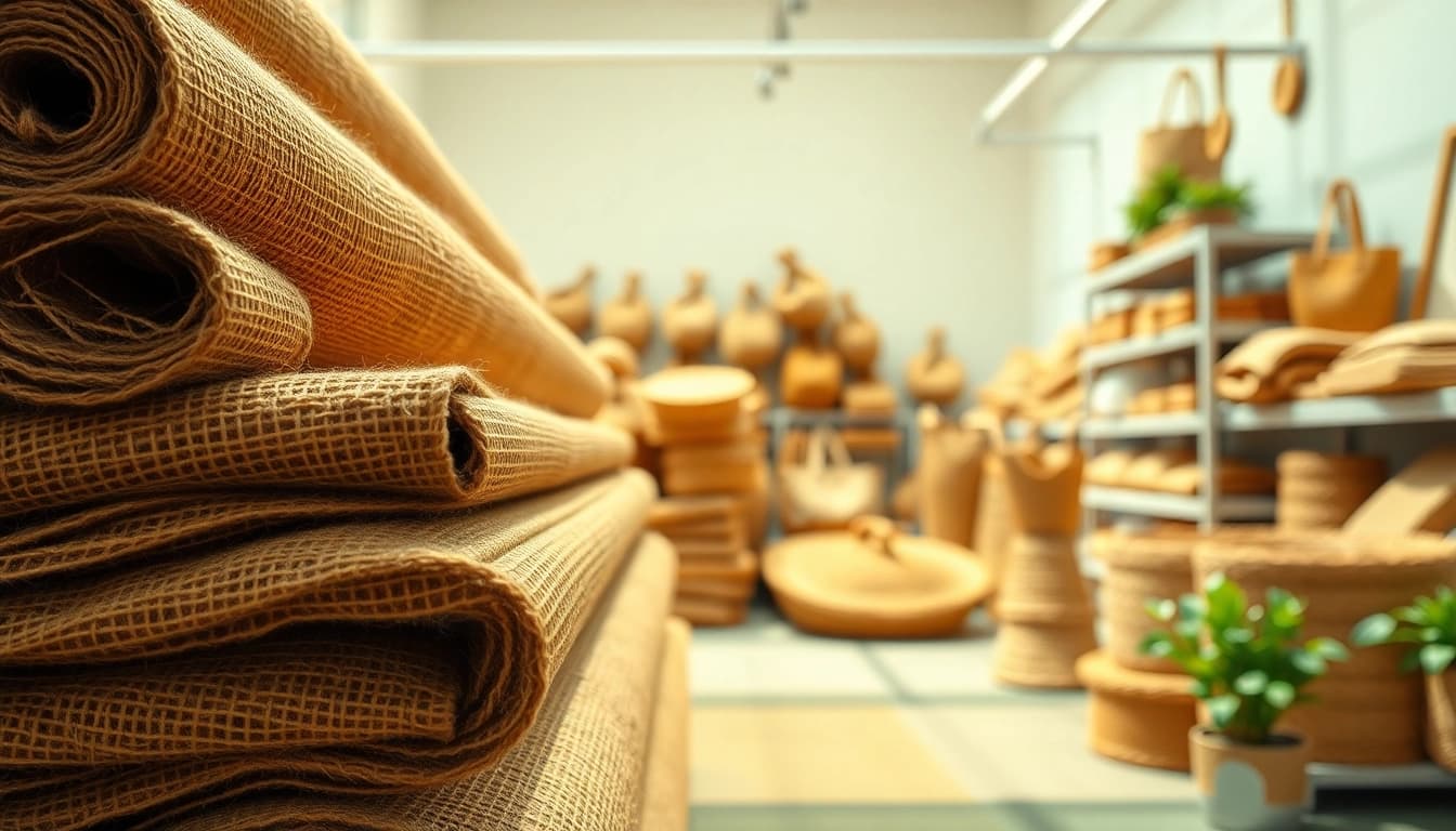 Jute-stofrollen in een stoffenwinkel tonen unieke texturen en kleuren.