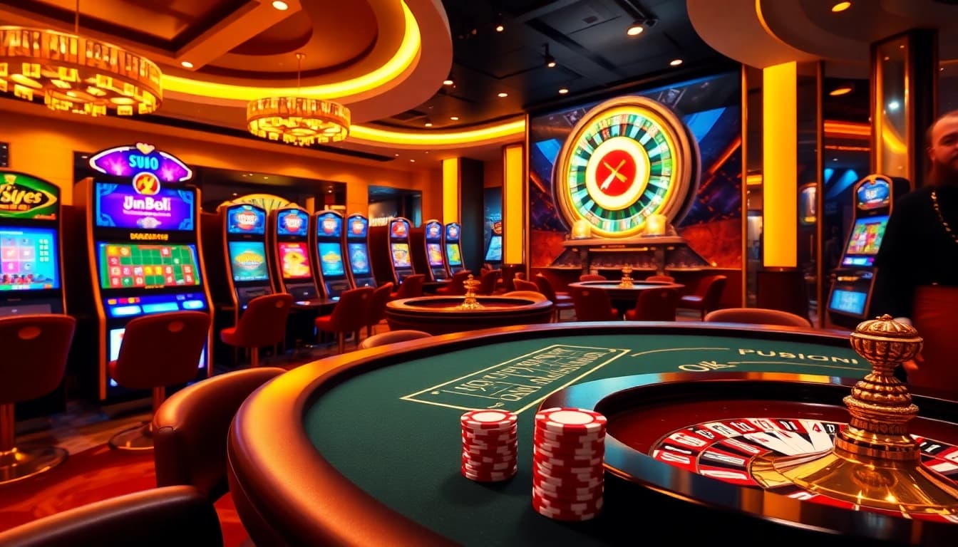 Engage with the exciting casino atmosphere at https://jun886.dev/ featuring vibrant slot machines and poker tables.