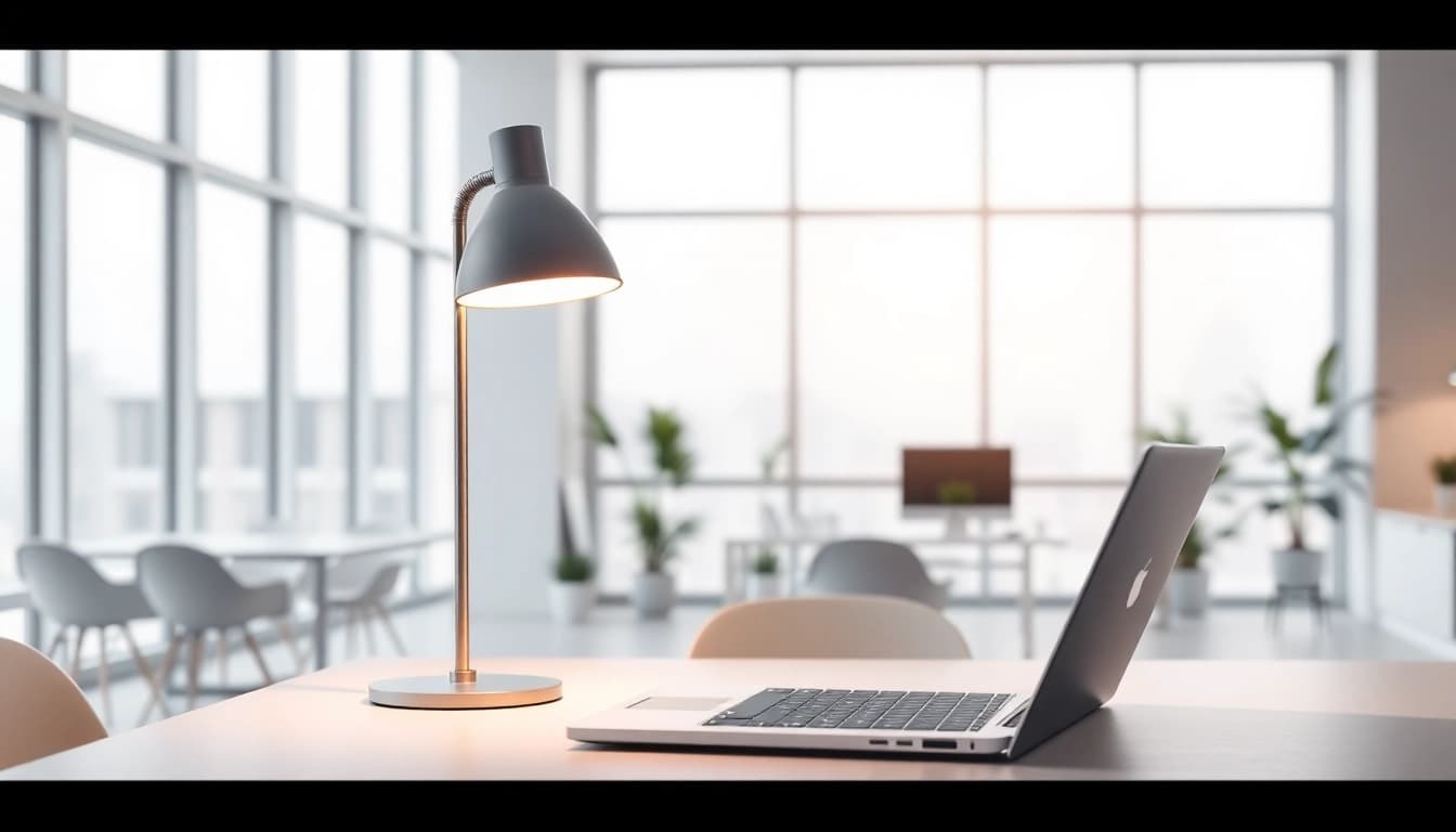 Sleek Illumination showcasing a modern office with minimalist design and elegant lighting.