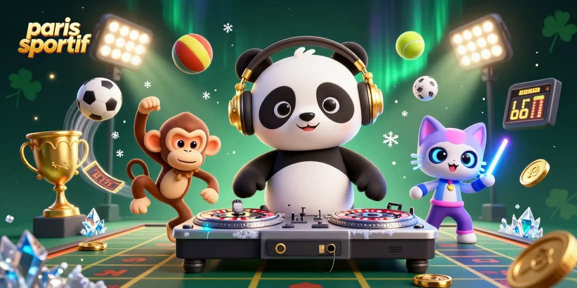 Paris sportif : ambiance festive de paris sportifs avec un panda DJ et des éléments de paris.
