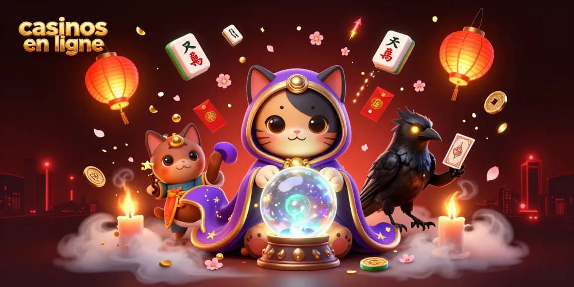 Illustration captivante de casinos en ligne avec chat mystique, corbeau et éléments de jeu animés.