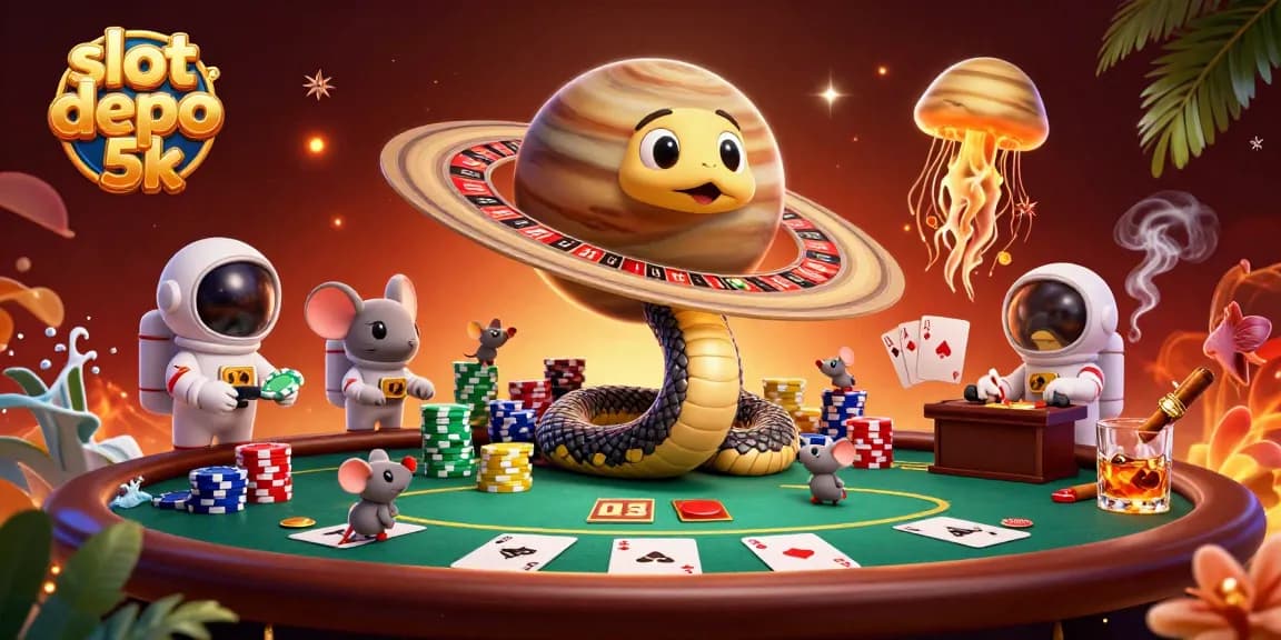 Bet on the slot depo 5k with dynamic characters and vibrant casino elements creating an exciting atmosphere.