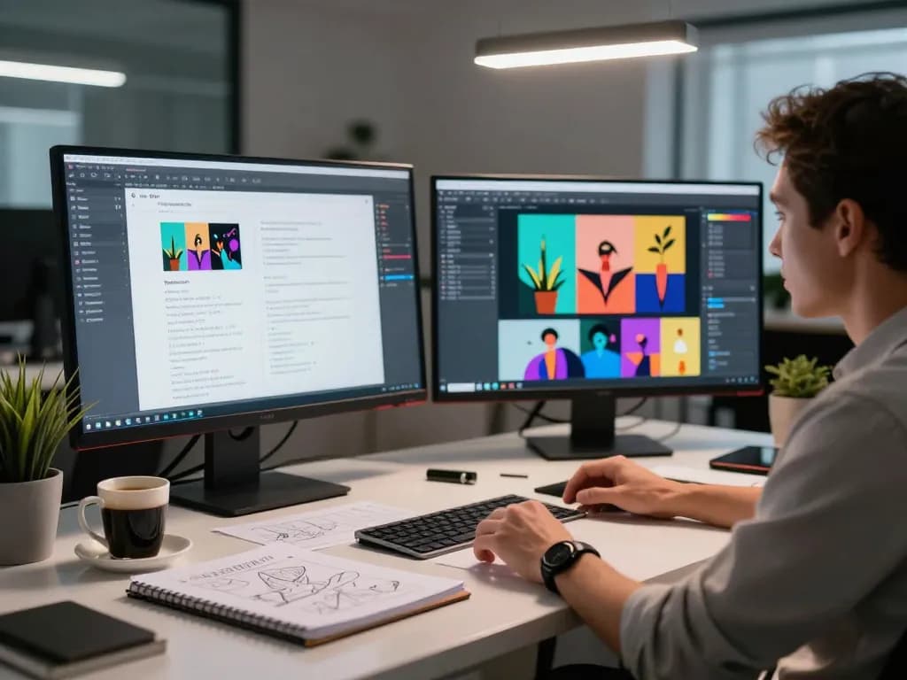 Creating image to prompt at a modern digital workspace with colorful AI displays.