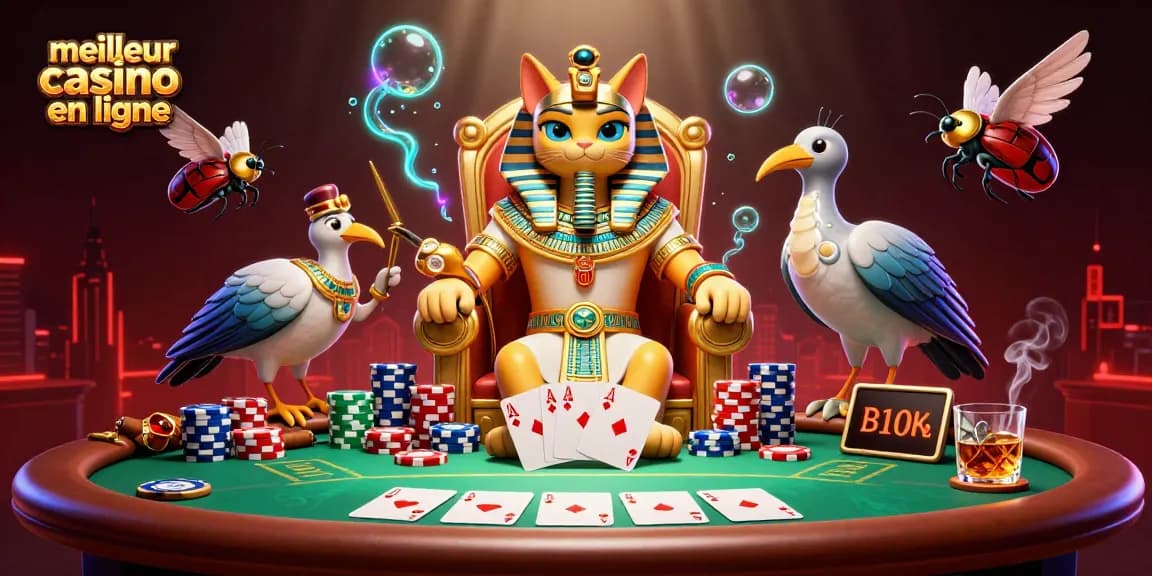 Admirez le pharaon égyptien et ses compagnons au meilleur casino en ligne, entourés de jeux de poker fascinants.