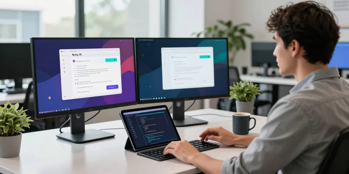 Engaging workspace with a developer using Spicy AI chatbot on multiple monitors, showcasing a modern tech atmosphere.