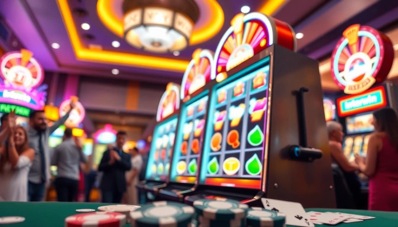 Menangkan interwin slot dengan mesin slot berwarna-warni di kasino yang ramai.