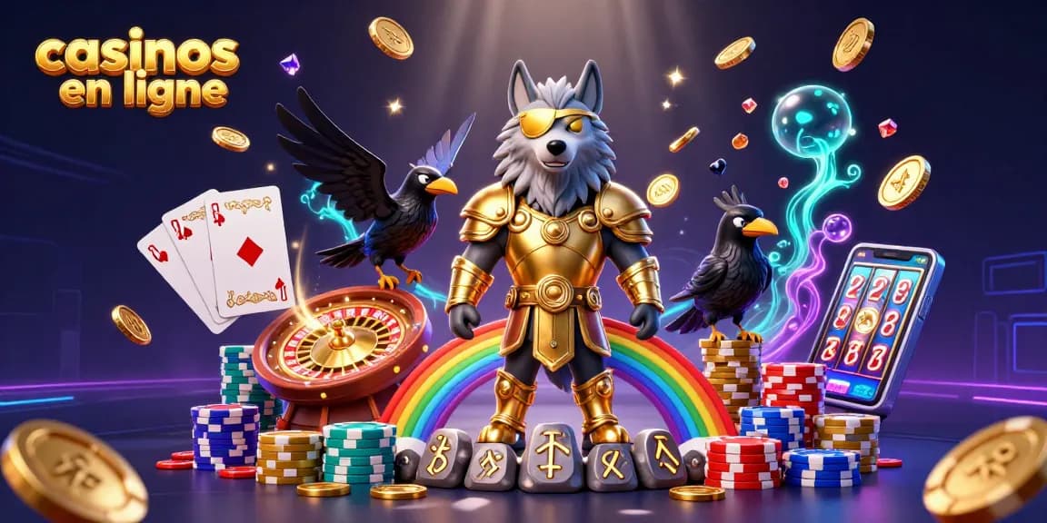 Profitez des casinos en ligne avec une scène animée de jeux de casino et de richesses scintillantes.