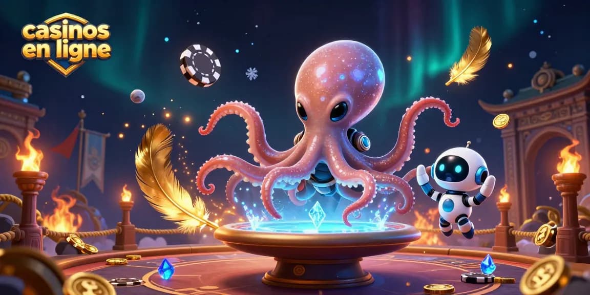 Jouez dans des casinos en ligne avec une illustration d'un octopus extraterrestre autour d'une table de poker holographique.