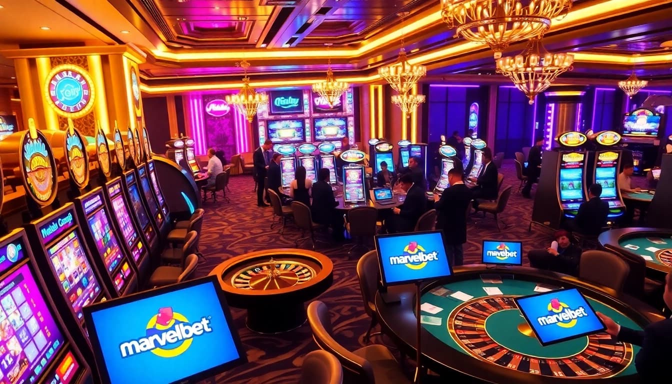 Marvelbet players enjoying exciting casino games amid a vibrant atmosphere.