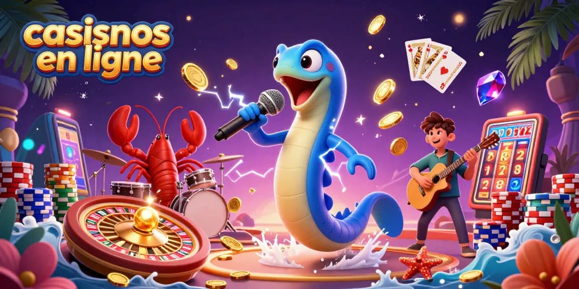 Vibrante illustration des casinos en ligne avec un anguille DJ, un drummer homard et un guitariste hippocampe.