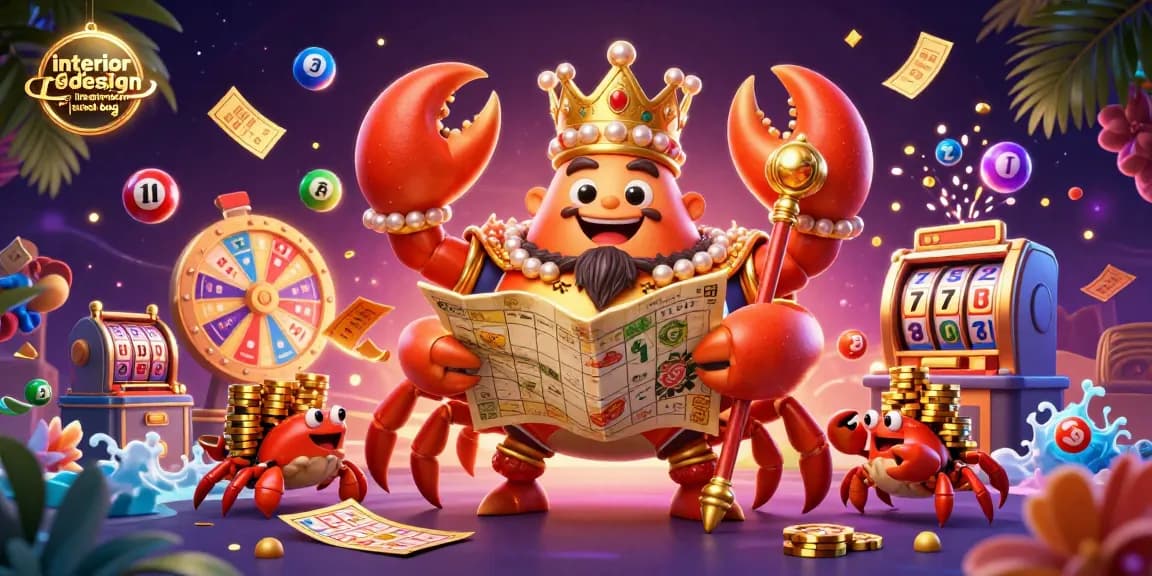 Engaging casino scene showcasing the interior design inspiration blog in vibrant colors with a golden crab emperor and lottery elements.