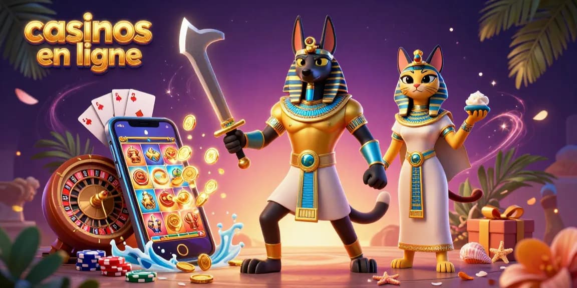 Gagnez aux casinos en ligne avec Anubis et Bastet jouant sur un smartphone rempli de jeux.