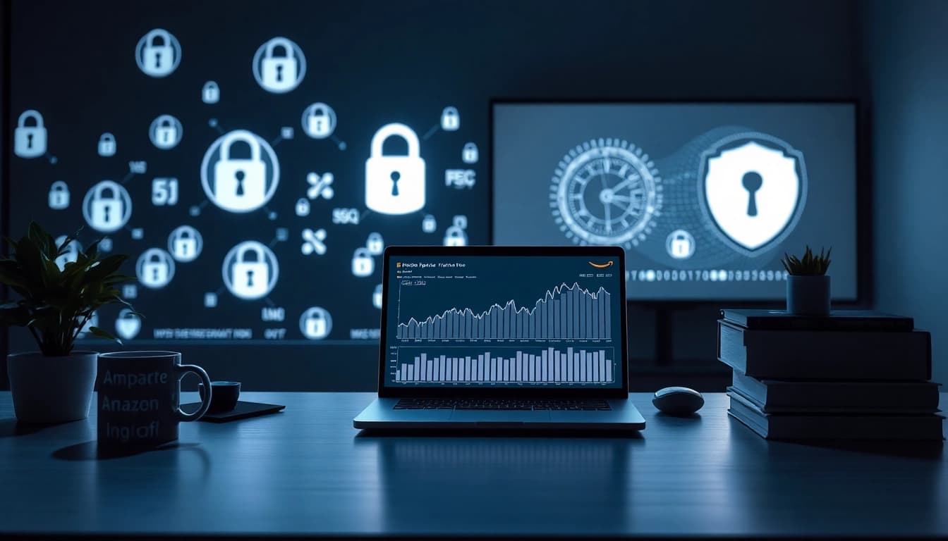 Infosec visuals with modern tech workspace featuring fluctuating price graphs and security symbols.