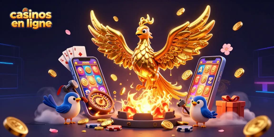 Plongez dans l'univers palpitant des casinos en ligne avec une illustration 3D d'un phénix doré émergeant de la forge.