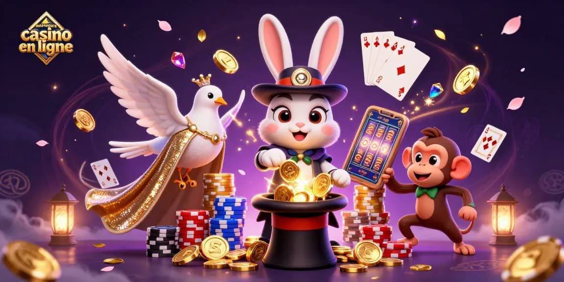 Illustration dynamique sur les nouveaux casinos en ligne, avec un lapin magicien, des pièces d'or et des cartes à jouer.