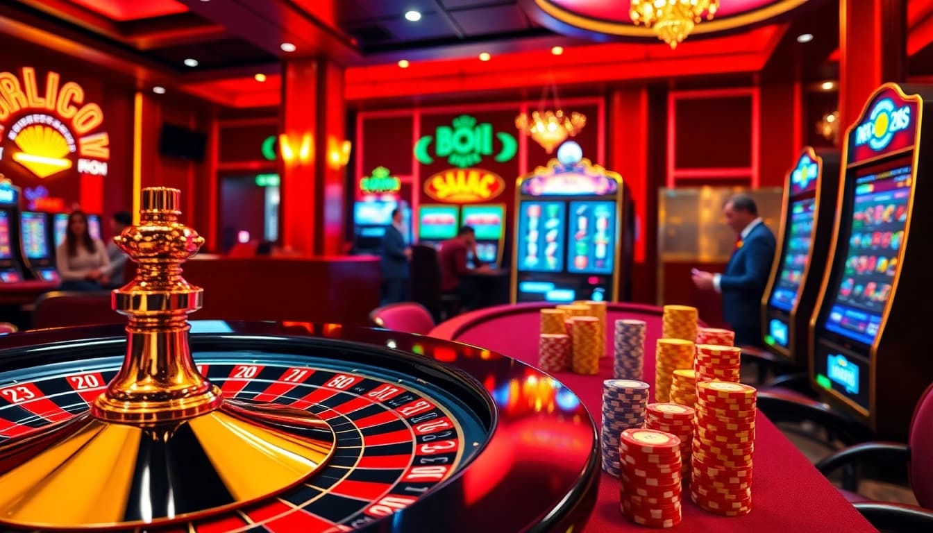 Players enjoying the games at 88clb's vibrant casino atmosphere complete with roulette and slots.