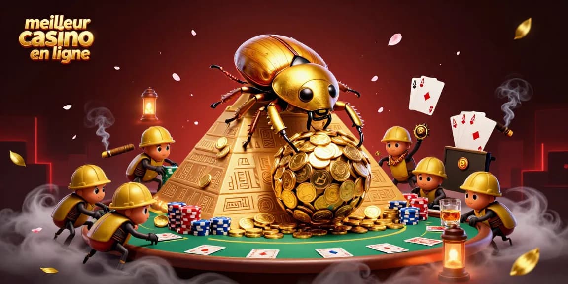 Illustration dynamique d'un meilleur casino en ligne avec des personnages de coccinelles et éléments de jeu.