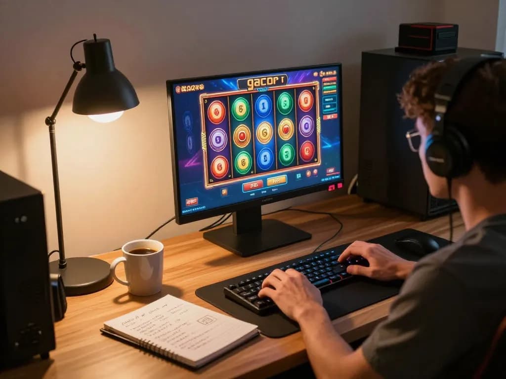 Player engaging with a slot gacor game on a computer during a cozy home gaming session, highlighting immersive experience.