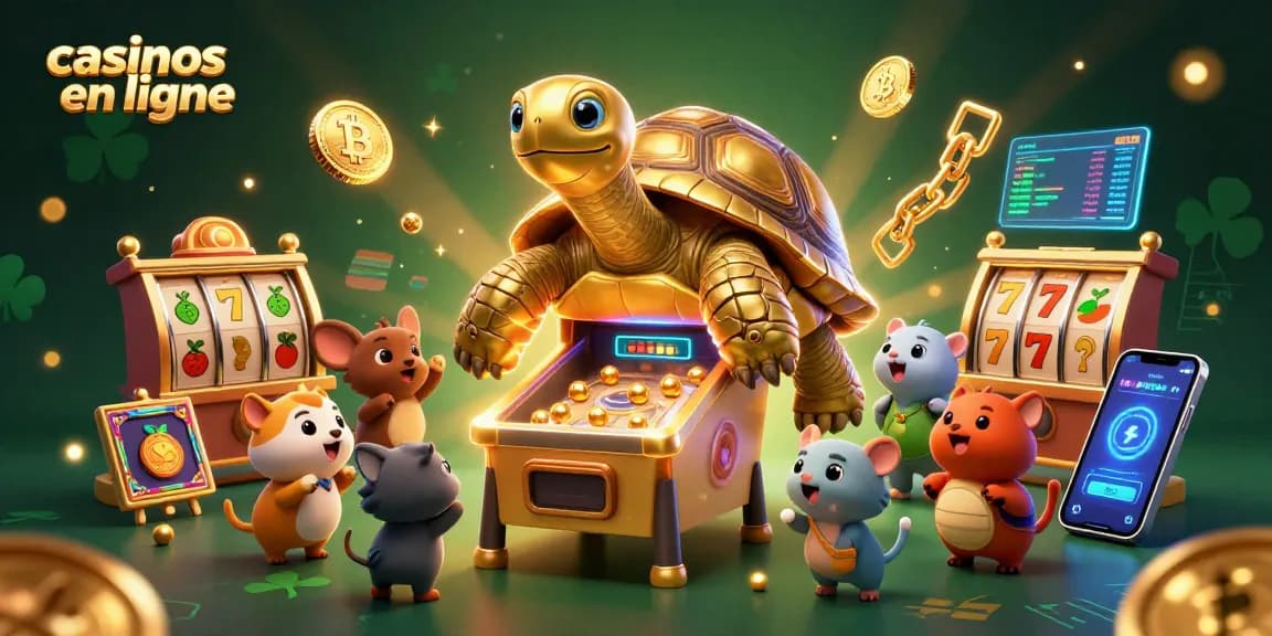 Jouez dans les casinos en ligne avec cette amusante illustration d'une tortue géante en pinball entourée d'animaux et de pièces de crypto-monnaies.