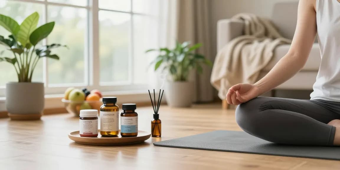 Calming wellness scene featuring premium wellness supplements, yoga mat, and natural light.
