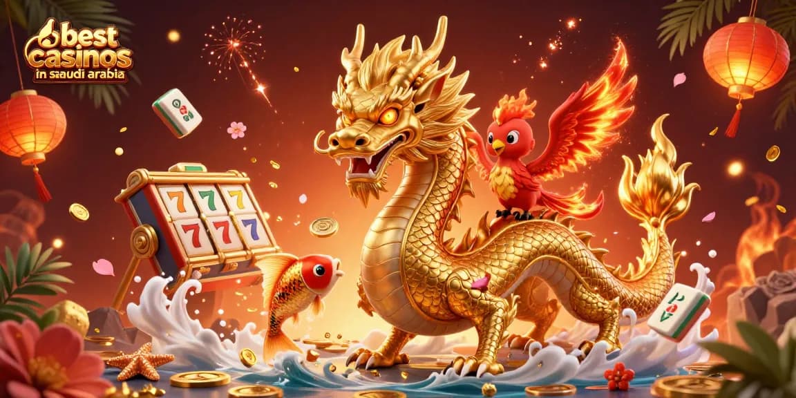 The vibrant scene showcases the best online casinos in Saudi Arabia with a dynamic dragon and lucky symbols.