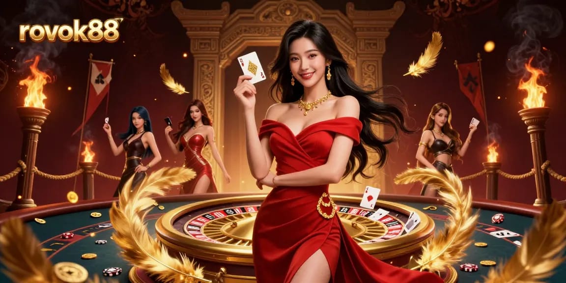 Experience thrilling gameplay with rokok88, featuring a confident Asian woman holding a golden playing card.