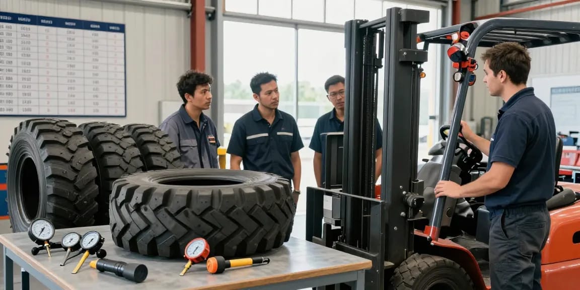 Forklift tyres for sale discussed by technicians in an industrial setting, showcasing solid, pneumatic, and polyurethane options.