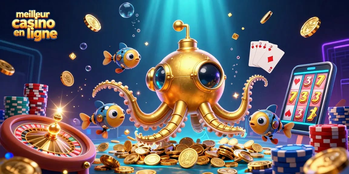 Plongez dans le meilleur casino en ligne avec un kraken doré entouré de pièces d'or et de cartes de poker.