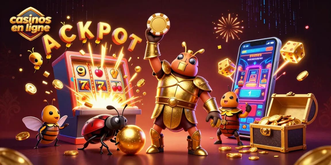 Illustration captivante de casinos en ligne, mettant en scène un scarabée en armure et un jackpot éclatant.