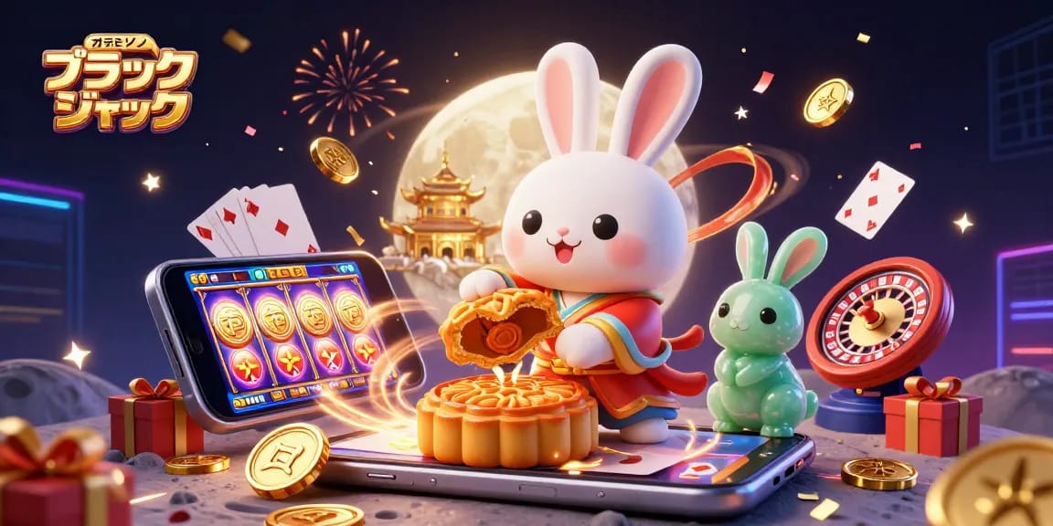 オンライン カジノ ブラック ジャックでの勝利を祝う3Dイラスト、月のうさぎがゲームチップを使う場面