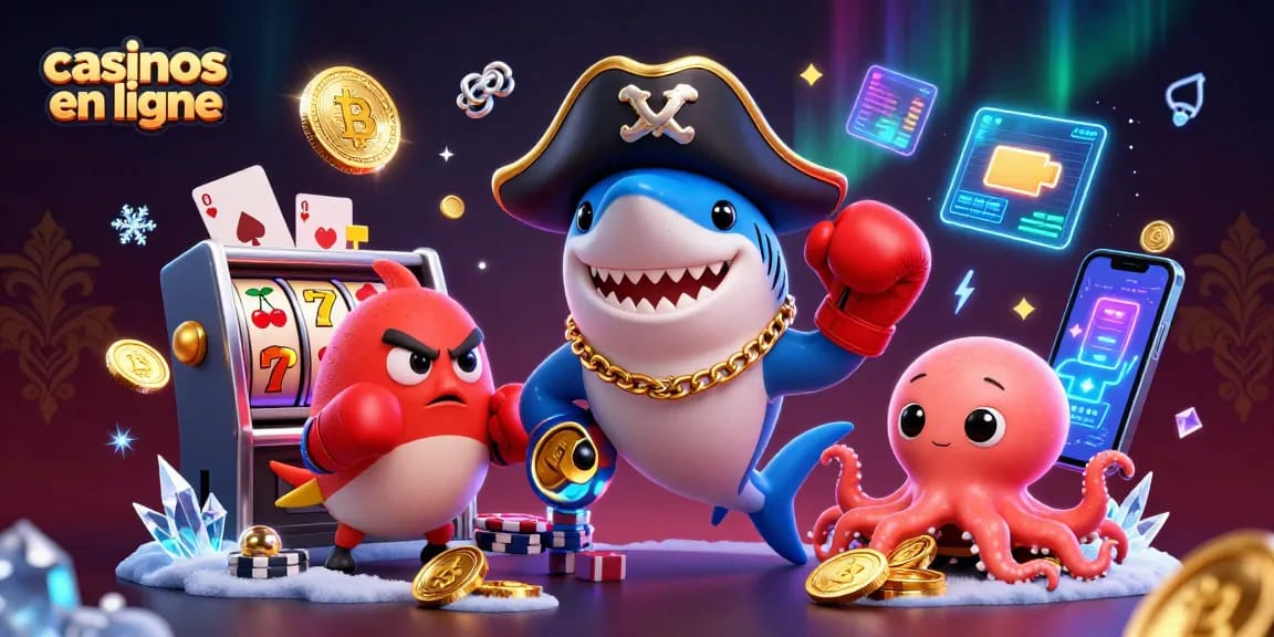 Gagnez aux casinos en ligne avec une illustration animée de requin pirate, poisson-globe et pieuvre.