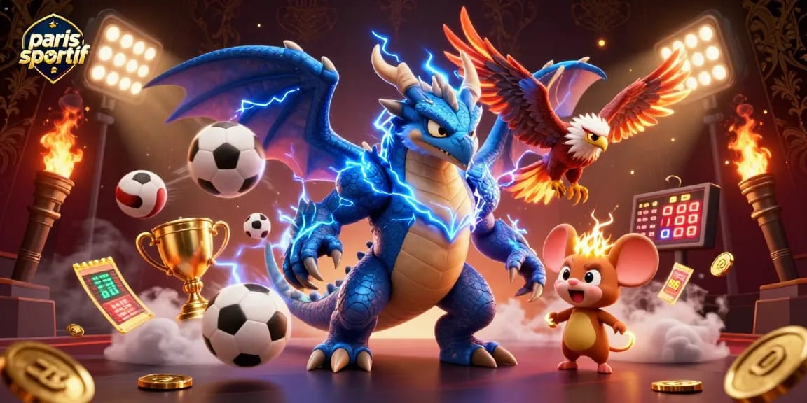 Pariez sur les paris sportifs avec une illustration dynamique de dragons et de trophées sportifs