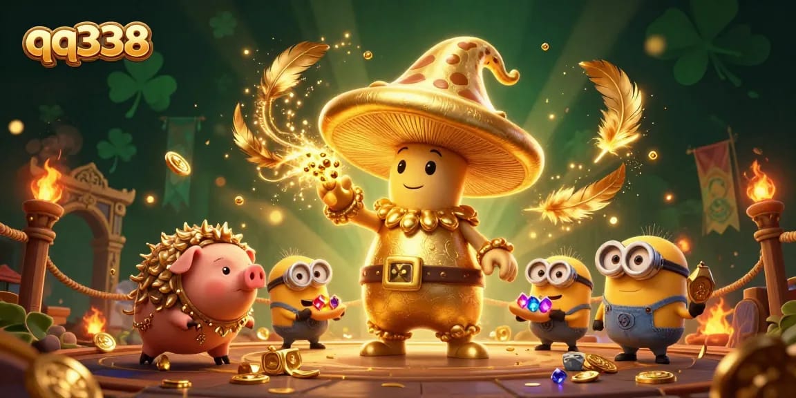 Engage with qq338's adventurous gaming landscape featuring golden magical elements and treasure discovery.