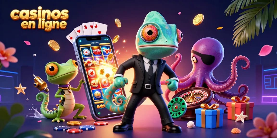 Jouer avec les "casinos en ligne" dans une illustration de jeu dynamique avec un caméléon agent secret et un gecko technologique.