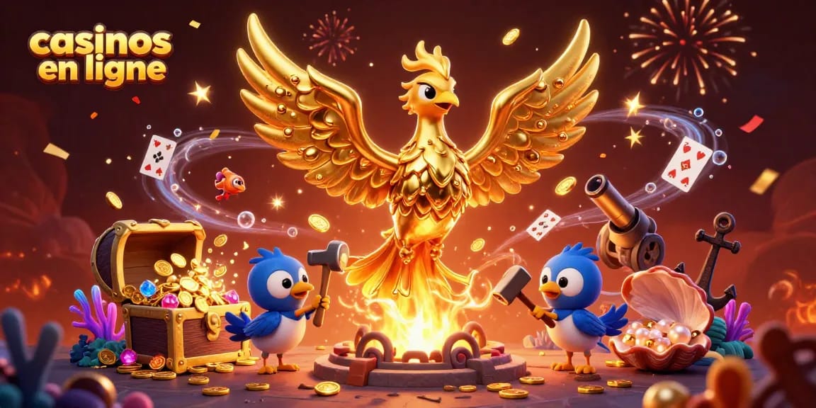 Plongez dans l'excitation des casinos en ligne avec ce phoenix doré parmi les trésors et jeux.