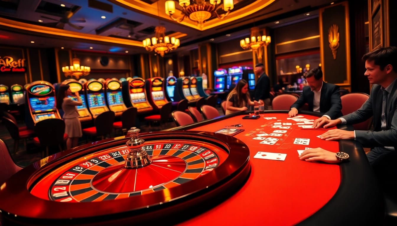 The vibrant casino scene captures the thrill of tỷ lệ nhà cái with an exciting roulette table, engaged players, and luxurious decor.